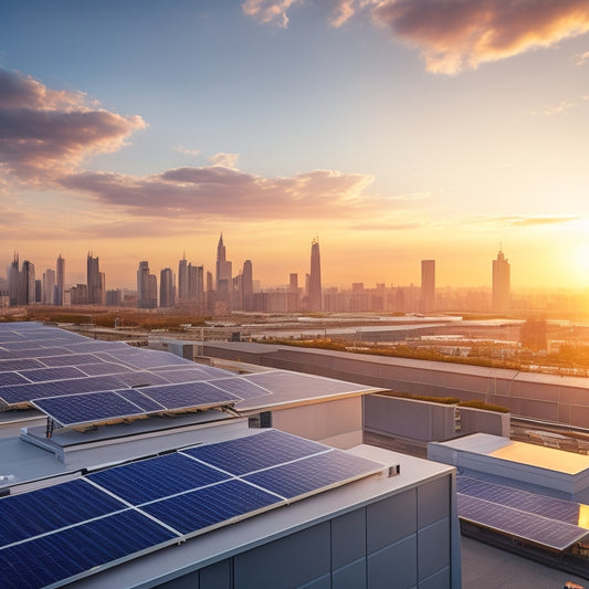 A futuristic, sun-lit rooftop with 7 distinct solar panel arrays, each with a corresponding battery storage unit, surrounded by sleek, modern architecture and a subtle cityscape in the background.