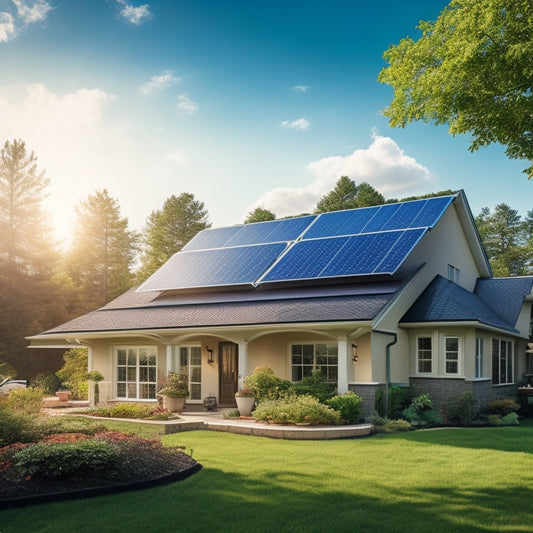 A serene suburban home with a mix of solar panels on the roof, varying in size, shape, and angle, surrounded by lush greenery and a bright blue sky with a few wispy clouds.