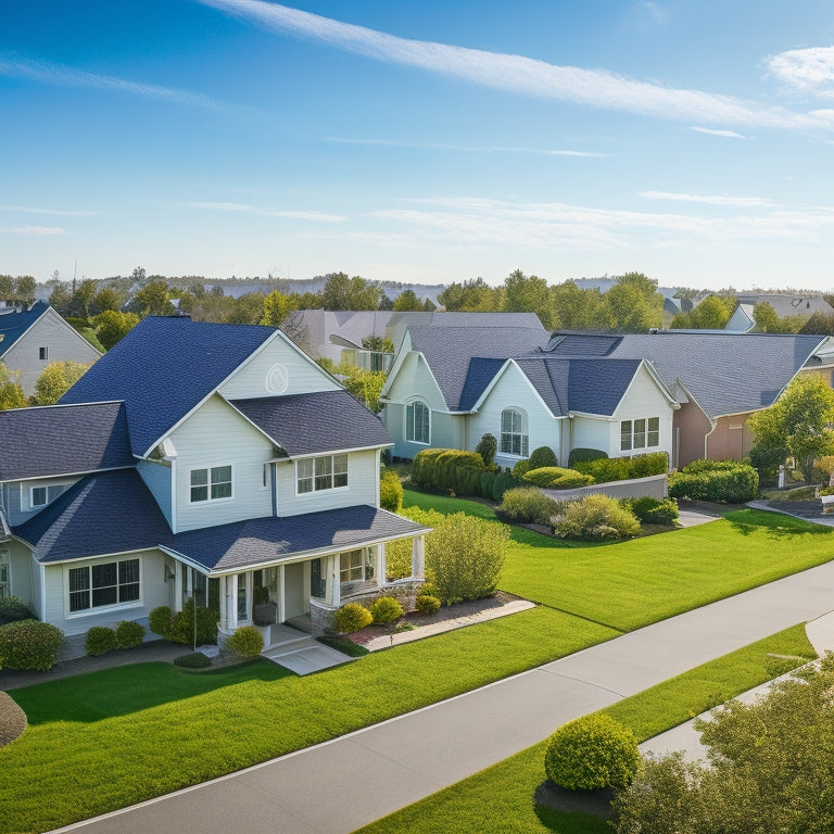 A serene suburban neighborhood with 5-7 identical homes, each with a distinct roof-mounted solar panel array, varying in size and configuration, set against a clear blue sky with few white clouds.