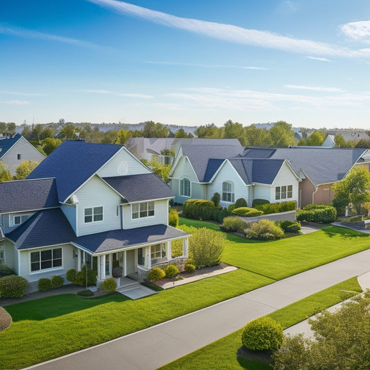 A serene suburban neighborhood with 5-7 identical homes, each with a distinct roof-mounted solar panel array, varying in size and configuration, set against a clear blue sky with few white clouds.