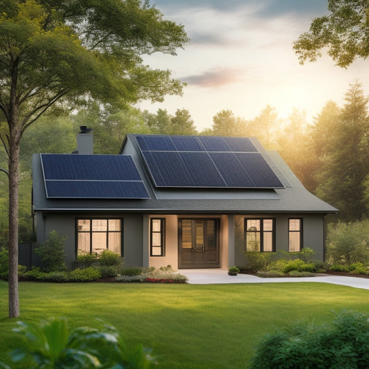 A serene suburban home with a sleek, black solar panel array on the roof, surrounded by lush green trees, with a subtle utility meter and electrical wiring visible in the foreground.