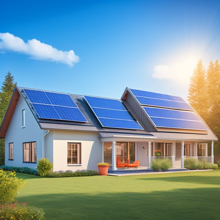 An illustration of a residential home with various solar panel configurations on the roof, showcasing different sizes and arrangements to convey maximum energy efficiency, set against a bright blue sky with fluffy white clouds.