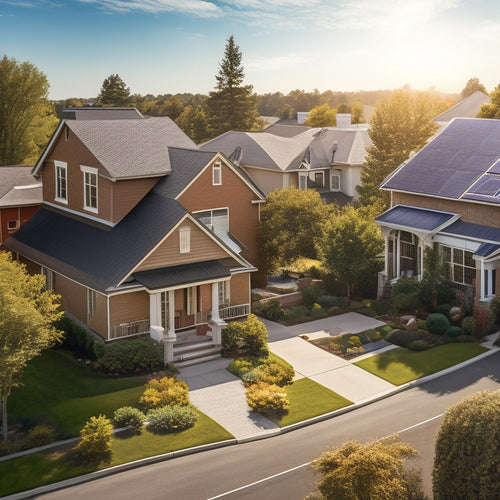 A sunny suburban street with a mix of houses, some with solar panels installed, and others without; a magnifying glass zooms in on a house with a question mark above its roof.