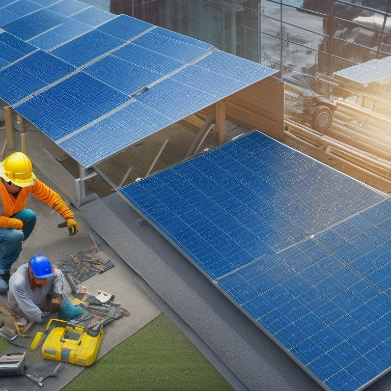 An illustration of a rooftop with multiple solar panels, some with broken or damaged components, surrounded by construction tools and materials, with a puzzled worker in the background, looking at a clipboard.