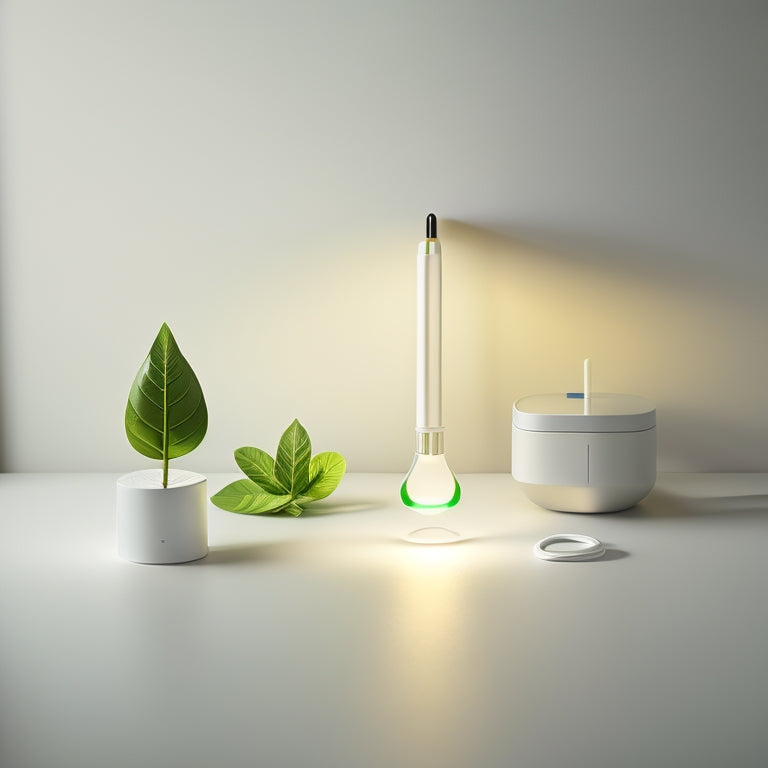 A serene, minimalist illustration featuring three energy-saving devices: a sleek smart plug with a tiny green leaf icon, a compact power strip with built-in timer, and a modern LED light bulb with a subtle glow.