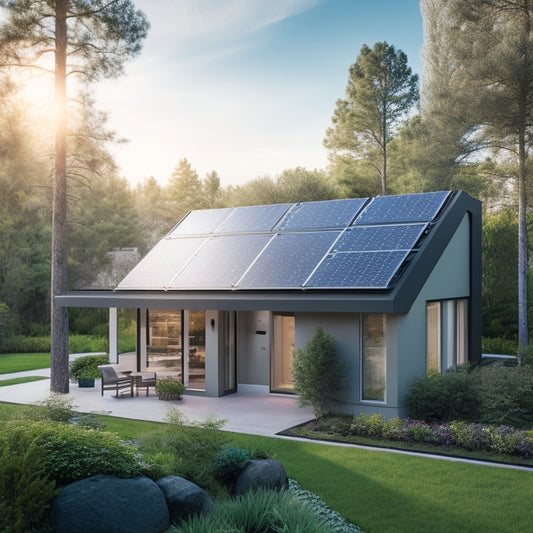 A serene suburban home with a sleek, modern solar panel array on the roof, accompanied by a compact, futuristic battery storage unit installed on the exterior wall, surrounded by lush greenery.