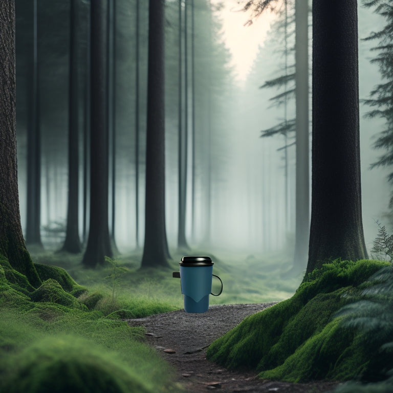 A serene, misty forest landscape with a subtle, sleek electric vehicle in the distance, surrounded by lush greenery and a few scattered, eco-friendly car accessories, such as a reusable coffee cup holder and a bamboo air freshener.