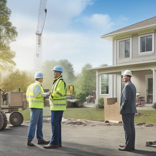 An illustration of a person standing in front of a partially renovated house, surrounded by blueprints, hard hats, and construction equipment, with a city inspector observing in the background.