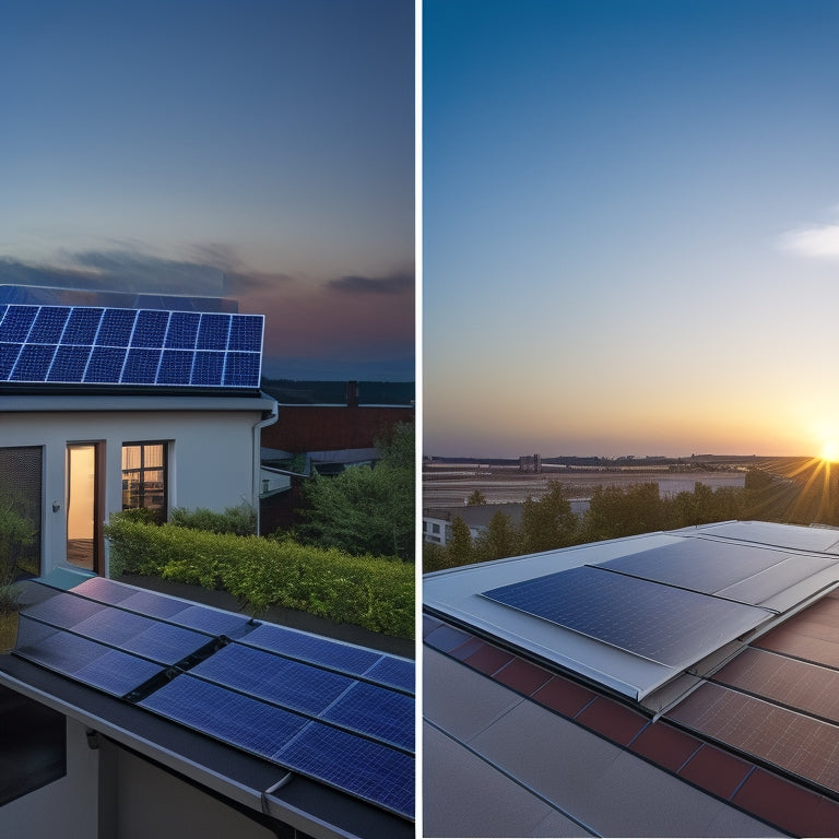 A split-screen image featuring a rooftop with solar panels on one side and a conventional electricity meter on the other, with contrasting bright and dim lighting, and varying meter speeds.