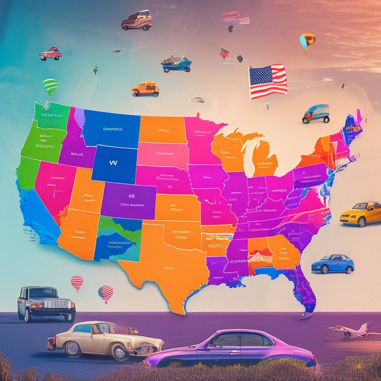 An illustration featuring a stylized map of the United States with various electric vehicles scattered throughout, each bearing the logos of different car-sharing companies in bold colors.