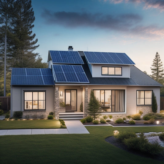 A serene suburban home with solar panels on the roof, a sleek battery storage unit in the backyard, and a subtle sparkle effect on the panels to represent energy generation.