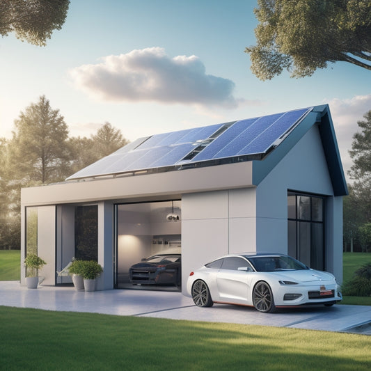 A futuristic illustration of a modern home with sleek solar panels on the roof, a compact battery storage unit in the garage, and a smartphone displaying a dashboard with real-time energy usage data.