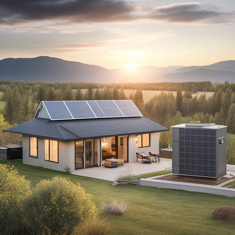 A serene landscape featuring a modern off-grid home with a rooftop solar panel array, a battery bank in the background, and a DC-to-AC inverter with wires and cables connecting the system.