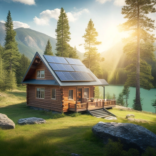 A serene landscape with a remote cabin surrounded by lush greenery, featuring a roof-mounted solar panel array, with a toolbox and a ladder leaning against the cabin, amidst a sunny sky with few fluffy clouds.