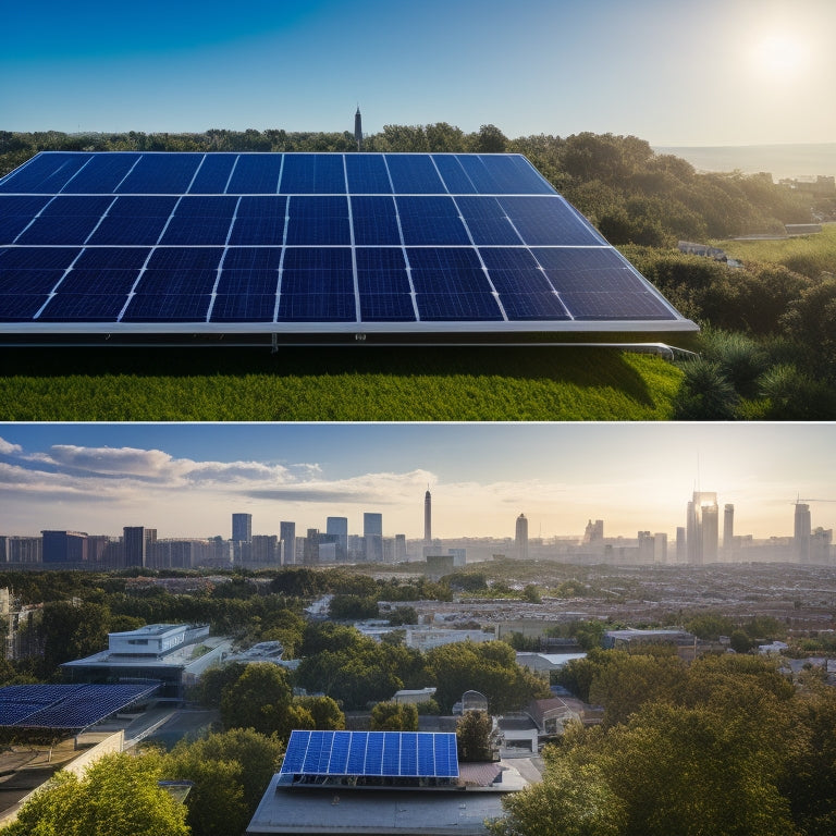 A split-screen image featuring a residential rooftop with sleek, high-efficiency solar panels amidst a lush green landscape, alongside a commercial building with a rooftop solar array and a cityscape in the background.