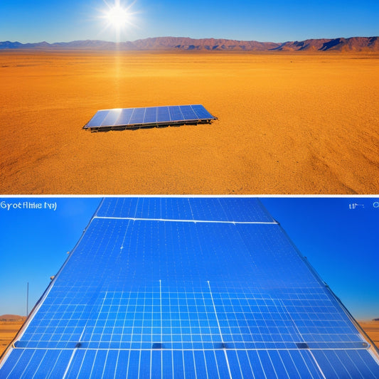 A split-screen image: a thermal image of a solar panel in a scorching desert, with heat waves and sunbeams radiating from the sun; and a magnified illustration of a solar panel's cells, with electrons flowing efficiently despite the heat.