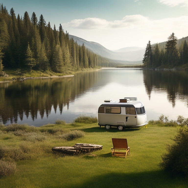 A serene wilderness scene with a camper van parked beside a tranquil lake, surrounded by lush greenery, featuring a portable solar panel array on the van's roof and a few solar-powered gadgets nearby.