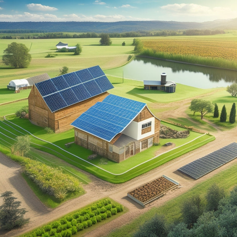 An illustration of a thriving off-grid farm system, depicting a rural landscape with a farmhouse, solar panels, wind turbines, rainwater harvesting systems, and diverse crops, surrounded by a lush green ecosystem.