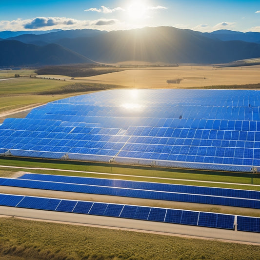 An aerial view of a sprawling commercial solar farm with rows of sleek, silver panels angled at 30 degrees, surrounded by rolling hills and wispy clouds on a bright blue sky.