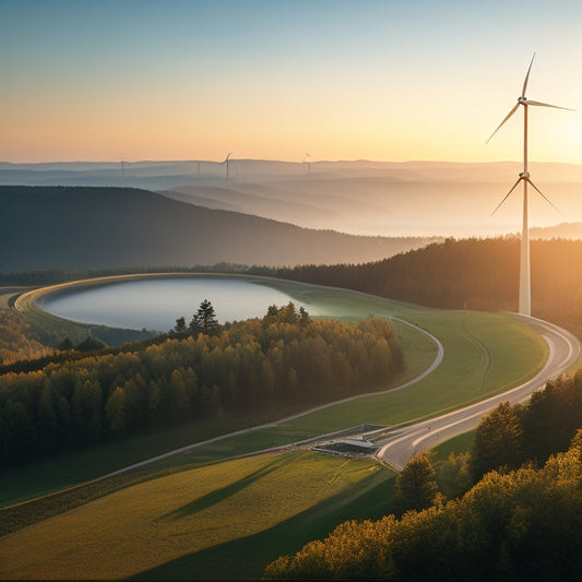 A serene landscape with a wind farm in the distance, solar panels on a rooftop, a hydroelectric dam, and a green forest, surrounded by a faint, glowing aura representing a reduced carbon footprint.