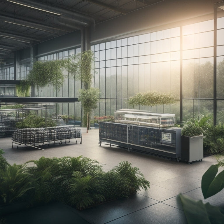 An illustration of a sleek, modern factory interior with energy-efficient machinery, LED lighting, and solar panels on the roof, surrounded by lush greenery and a subtle energy meter in the corner.