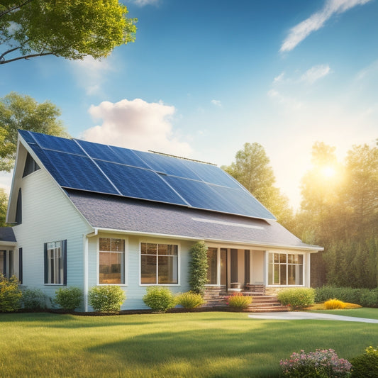 A serene suburban home with a sleek, modern solar panel array on the roof, surrounded by lush greenery and a bright blue sky with a few wispy clouds.