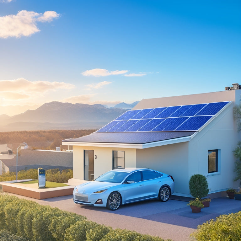 A residential rooftop with solar panels, a sleek battery storage unit in the corner, and a subtle electric vehicle in the driveway, set against a serene blue sky with a few puffy white clouds.