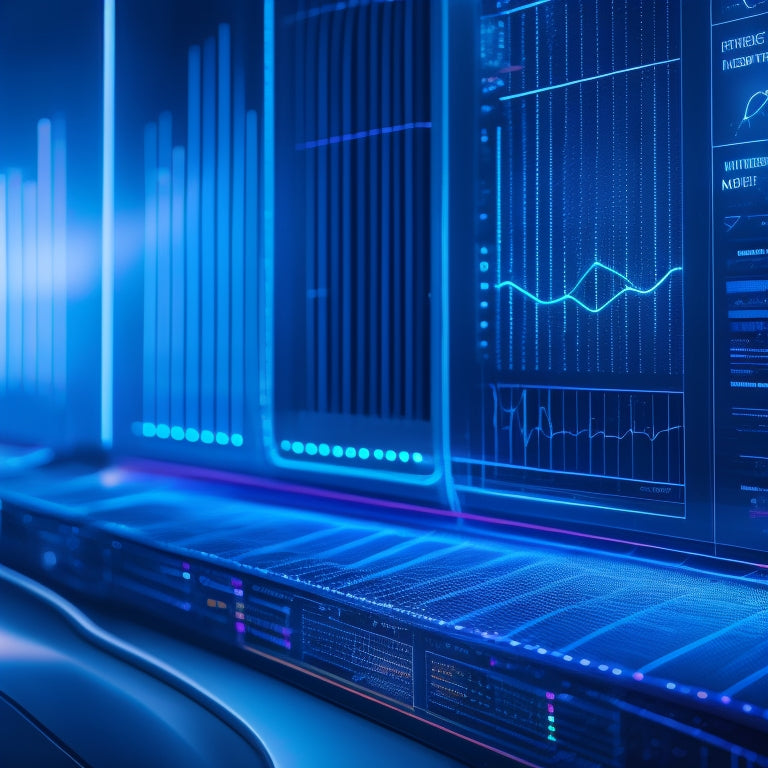 An abstract composition featuring interconnected dashboard panels with glowing blue lines and nodes, surrounded by subtle circuit board patterns and faint graphs, conveying data analysis and performance monitoring.