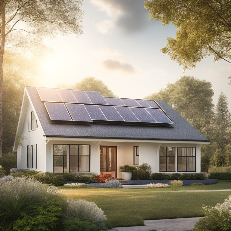 A serene suburban home with a sleek, modern solar panel array on its roof, surrounded by lush greenery, with a subtle hint of a sunny sky and a few fluffy white clouds.