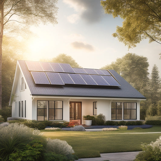 A serene suburban home with a sleek, modern solar panel array on its roof, surrounded by lush greenery, with a subtle hint of a sunny sky and a few fluffy white clouds.