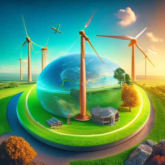 A complex illustration featuring a large, glowing green globe surrounded by various icons and symbols representing renewable energy sources, such as wind turbines, solar panels, and hydroelectric power.