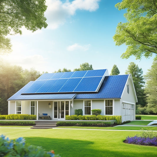 A serene suburban home with a sleek, modern solar panel array on the roof, amidst lush green trees and a bright blue sky with a few puffy white clouds.