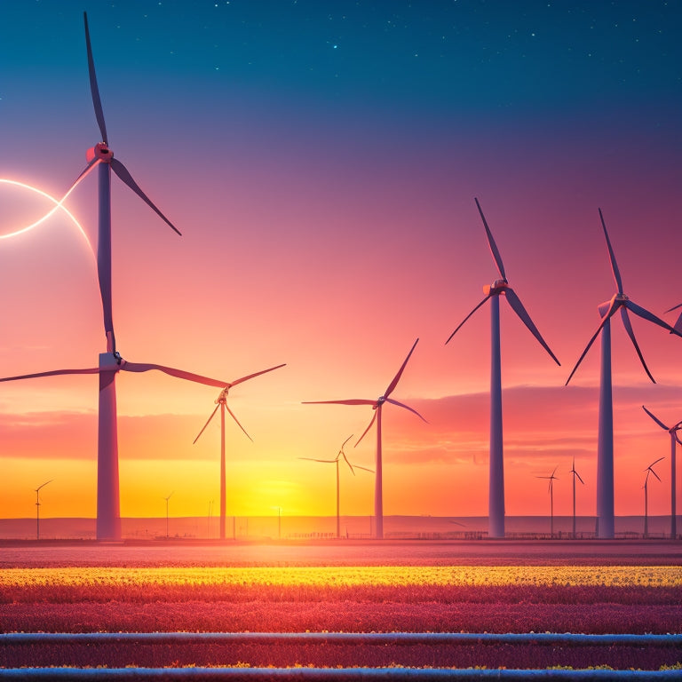 An illustration of a futuristic, sleek wind farm at sunset, with turbines' blades spinning in harmony, surrounded by a network of glowing, interconnected nodes and lines, symbolizing smart monitoring systems.