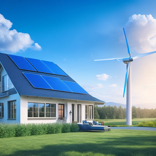 An illustration featuring a wind turbine and solar panels installed on a modern, eco-friendly home, surrounded by lush greenery and a bright blue sky with a few fluffy white clouds.