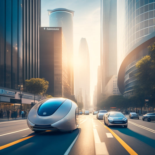 A futuristic cityscape with sleek, silver, and minimalist personal transportation pods, hoverbikes, and electric skateboards zooming past a congested, outdated city bus stuck in traffic.