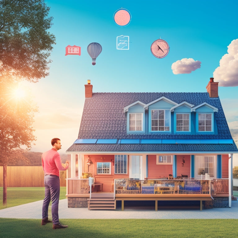 An illustration of a person standing in front of a house with solar panels on the roof, surrounded by thought bubbles containing icons of a piggy bank, a calendar, and a compass.