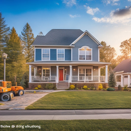 A serene suburban neighborhood with a mix of modern and traditional homes, featuring a prominent "Under Construction" sign in front of a house with a ladder, tools, and a blueprint on a lawn.