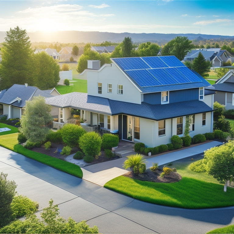 A serene suburban neighborhood with a mix of modern and traditional homes, each rooftop adorned with sleek, black solar panels, against a bright blue sky with a few wispy clouds.