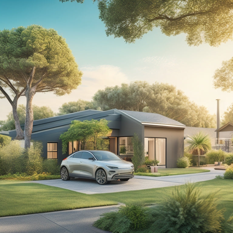 A serene residential backyard with a sleek, silver electric vehicle parked beside a modern, solar panel-roofed garage, surrounded by lush greenery and a few wind turbines in the distance.