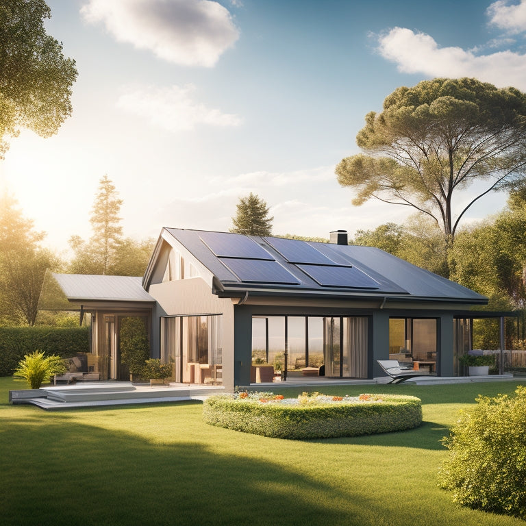 A serene suburban home with a pitched roof, partially covered in sleek black solar panels, surrounded by lush greenery and a bright blue sky with a few wispy clouds.