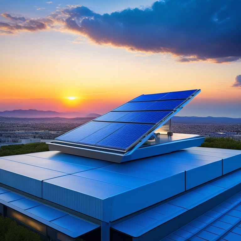 A futuristic, minimalist rooftop with sleek, compact solar panels arranged in a staggered pattern, connected to a sleek, silver battery storage unit with glowing blue LED lights.