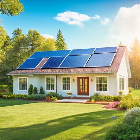 A serene suburban home with a pitched roof, solar panels installed at a 30-degree angle, surrounded by lush greenery, with a bright blue sky and a few fluffy white clouds.