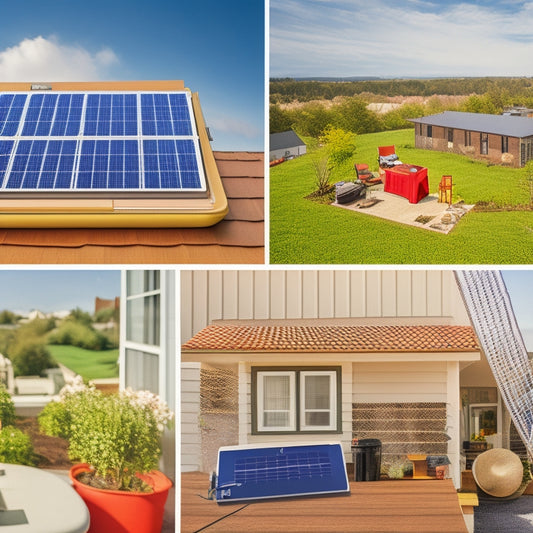 A split-screen image: a rooftop with installed solar panels and a homeowner's clipboard with a calculator, surrounded by icons of money, tools, and a small house, versus a battery bank with wires and connectors.