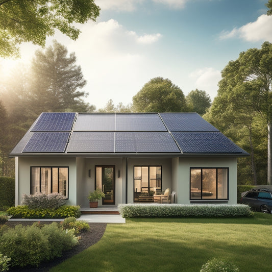 A serene suburban home with a sloping roof, surrounded by lush greenery, featuring a sleek solar panel array installed on the roof, with a few panels angled for maximum energy absorption.