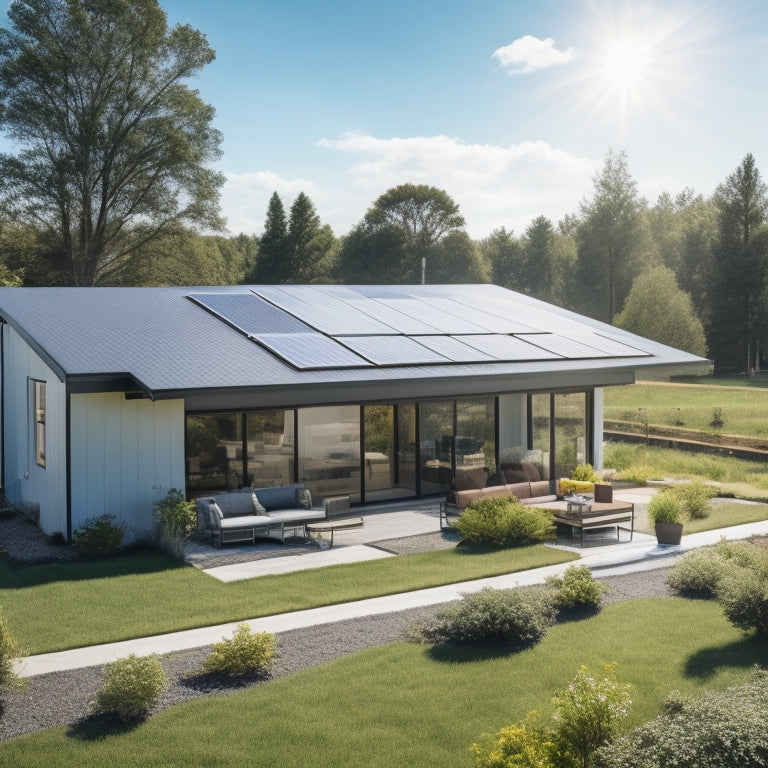 A sunny backyard with a modern, sloping roof featuring a sleek, black solar panel array, surrounded by lush greenery and a few fluffy white clouds in a bright blue sky.