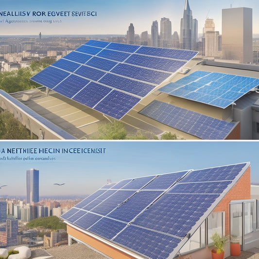 A split-screen illustration showing a rooftop with solar panels in the background, and three foreground sections: a cityscape with varying roof sizes and angles, a meter with moving dials, and a clipboard with a checklist and a pencil.