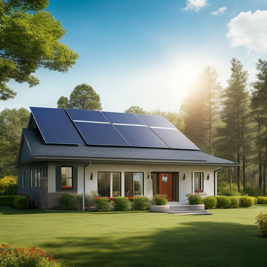 A serene suburban home with sleek, black solar panels installed on the roof, surrounded by lush green trees and a bright blue sky with a few puffy white clouds.