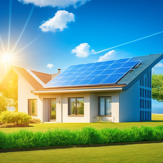 A bright blue sky with fluffy white clouds, a modern house with solar panels on the roof, and a downward-pointing arrow made of green leaves, surrounded by coins and a subtle background of a graph trending upward.