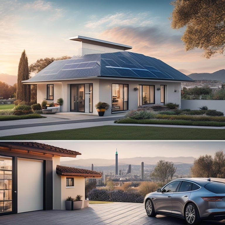 A split-screen image featuring a sleek, silver electric vehicle parked in a driveway with a modern, solar-roof-tiled house in the background, contrasted with a cluttered, traditional rooftop on the right, with a faint cityscape in the distance.