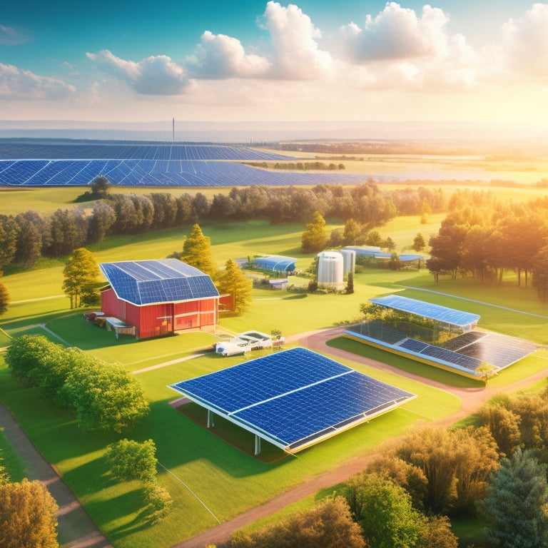 A futuristic, aerial illustration of a sustainable, off-grid community: solar panels, wind turbines, and energy storage units amidst lush greenery, with a subtle grid pattern in the background.